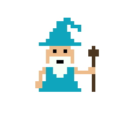 a pixelated sprite of a wizard in blue robe and hat with staff